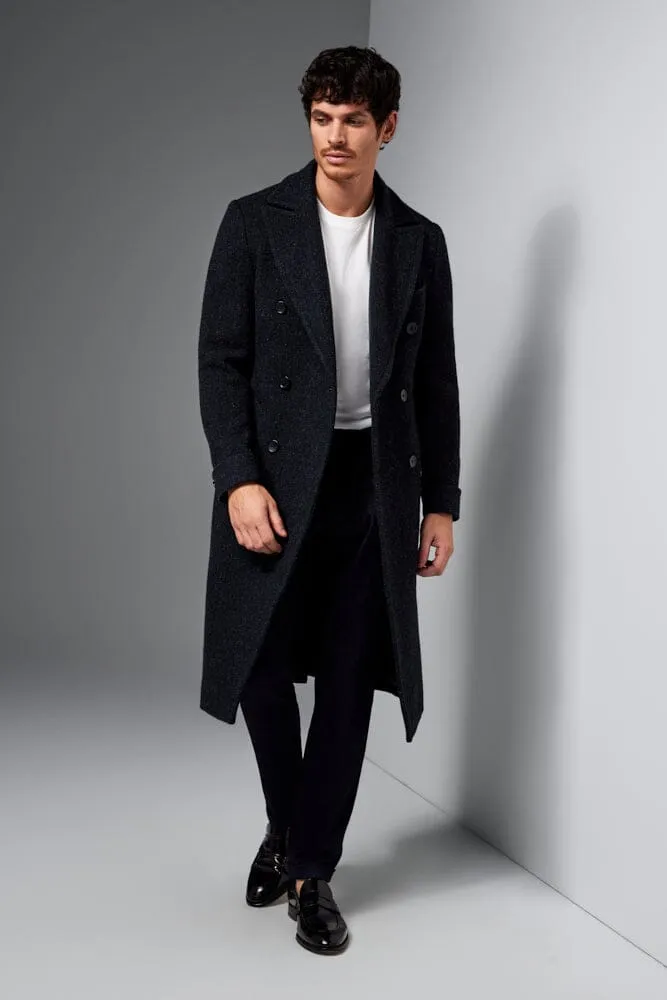 The Macpherson Long Overcoat - Navy & Black Wool