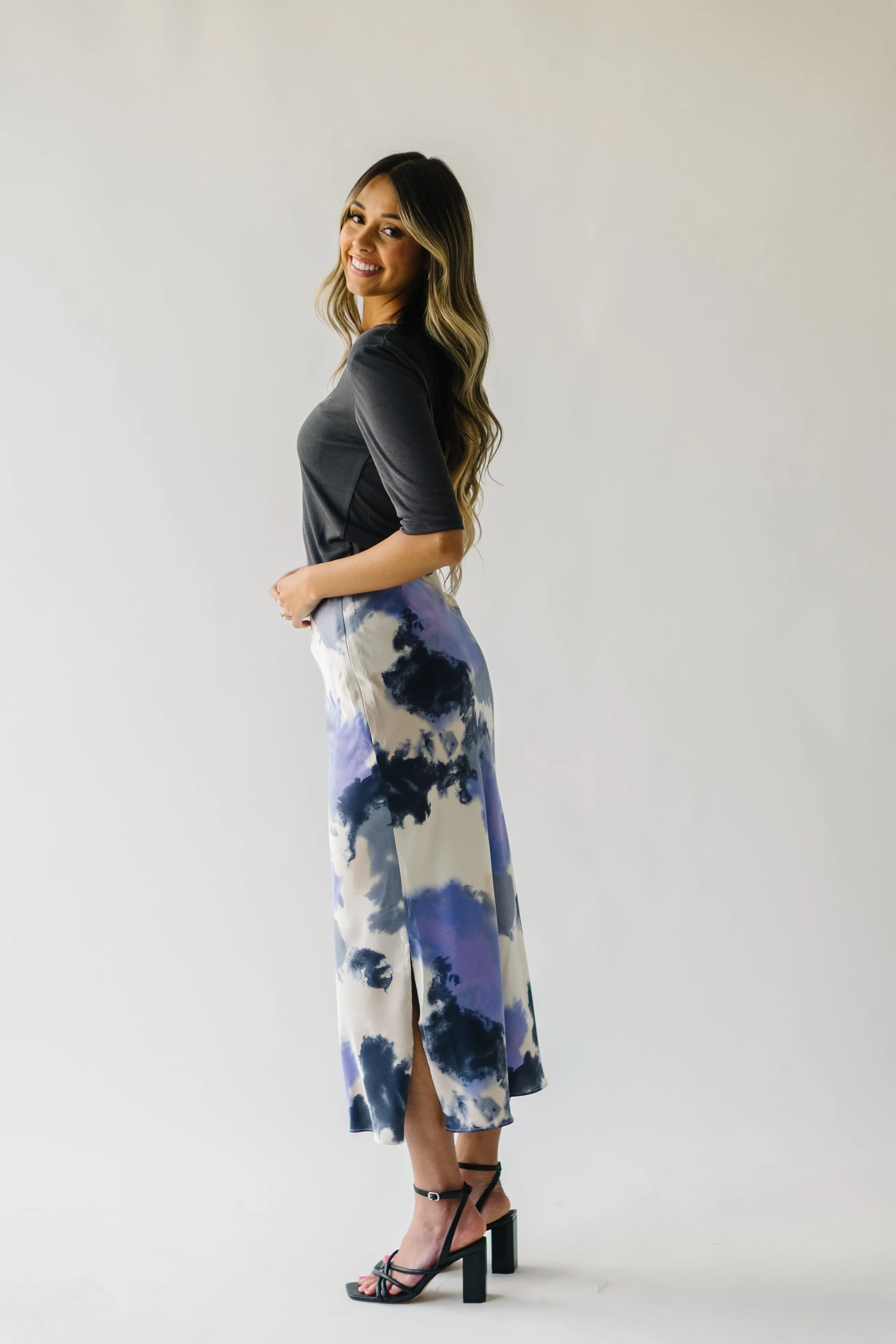 The Ozette Satin Skirt in Purple Abstract