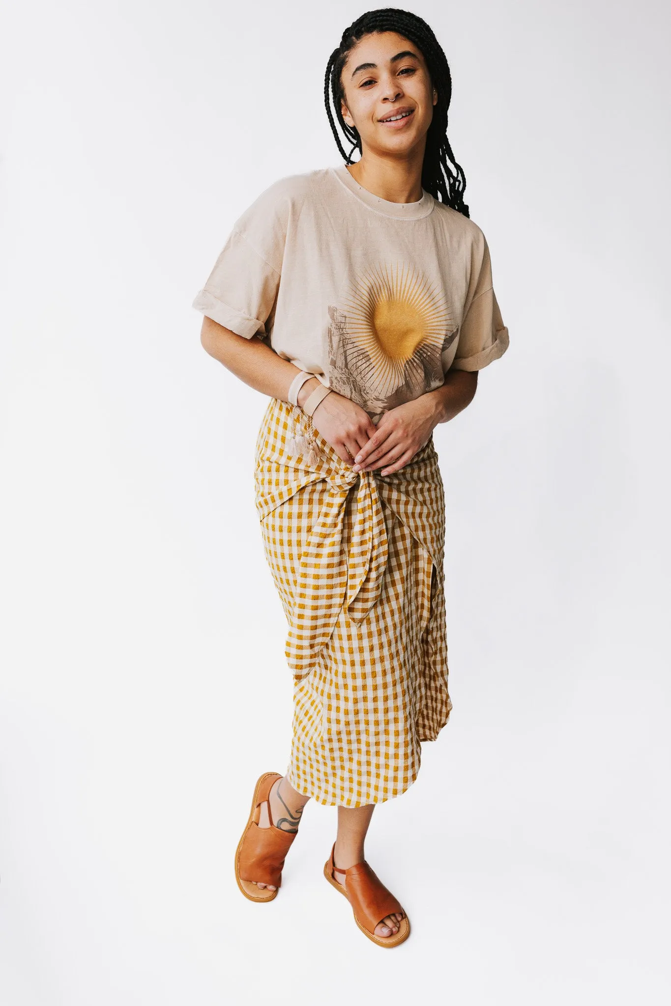 The Yancy Gingham Patterned Skirt in Mustard + White