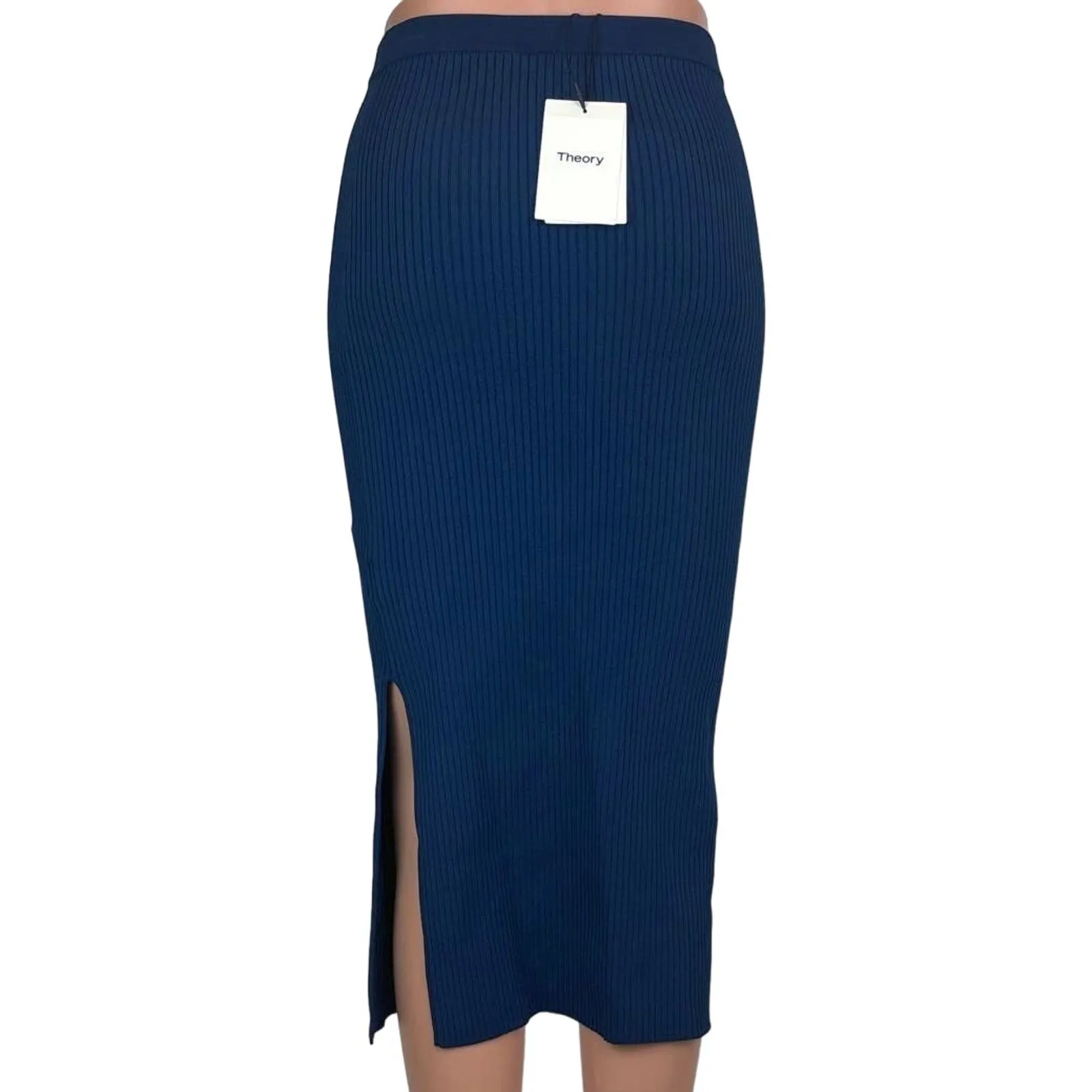 Theory NWT $245 Navy Blue Ribbed Slit Bodycon Midi Straight Pencil Skirt Sz XSP