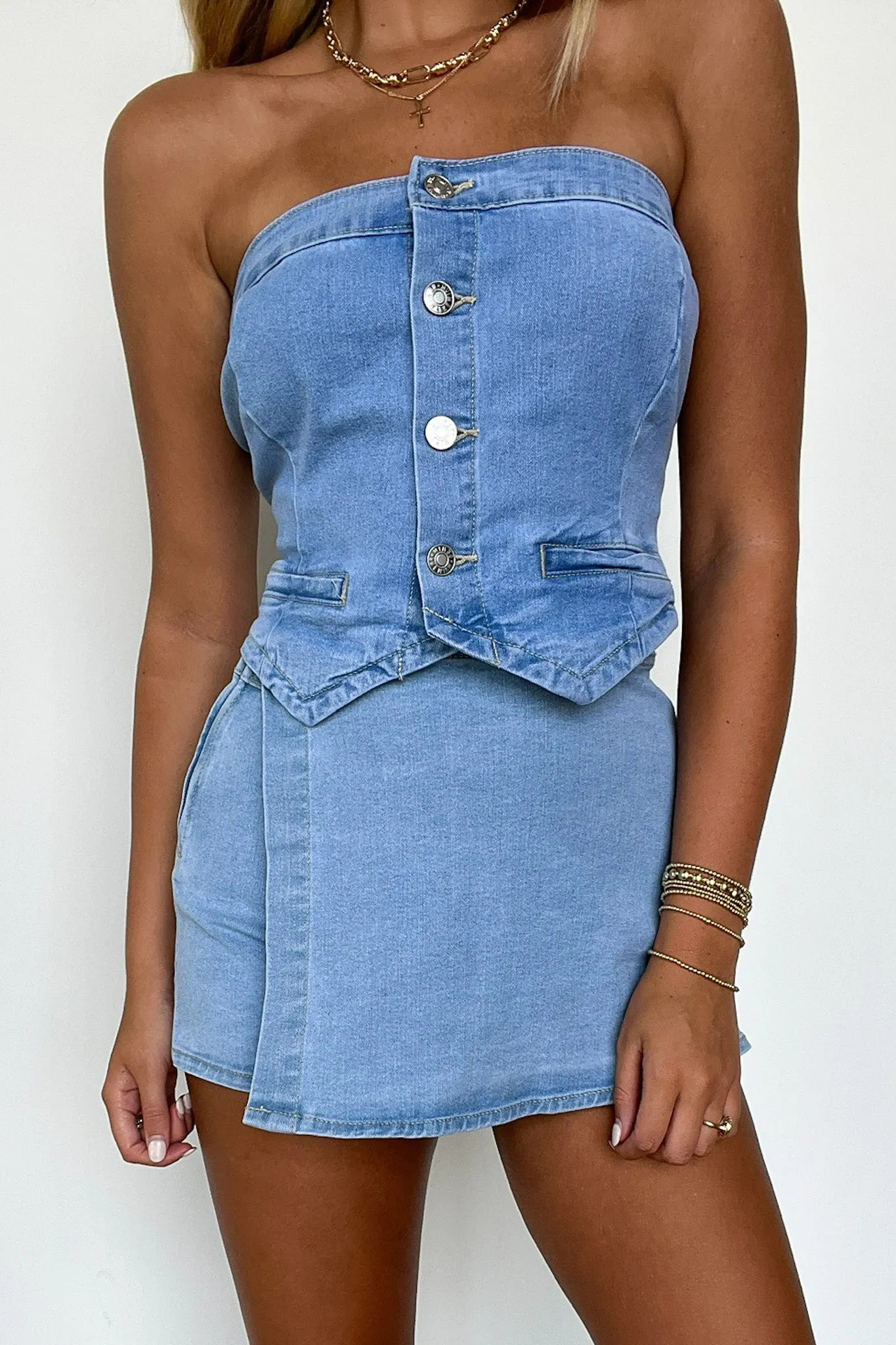 Trendsetting Gal Denim Strapless Button Up Top