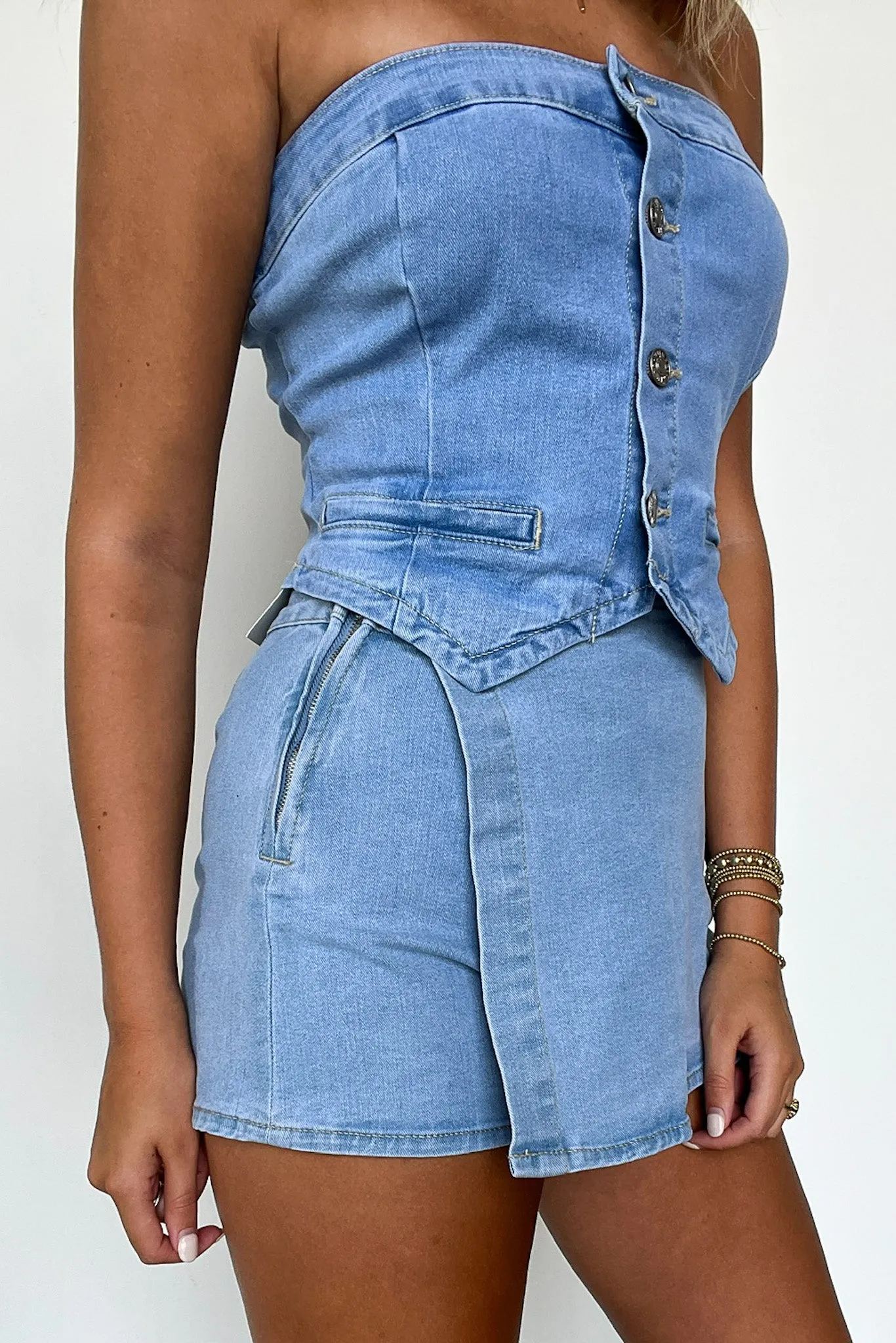 Trendsetting Gal Denim Strapless Button Up Top