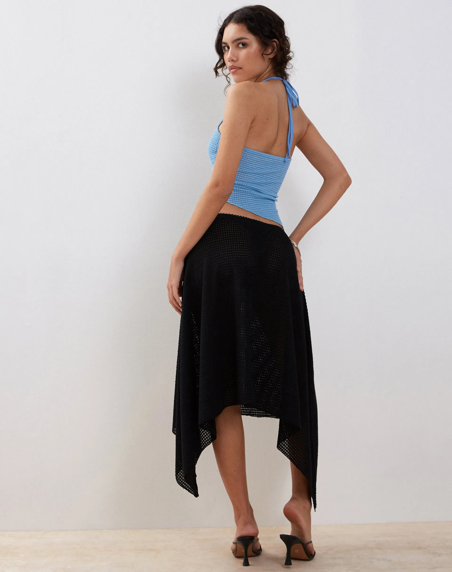 Tullia Asymmetric Midi Skirt in Black Crochet