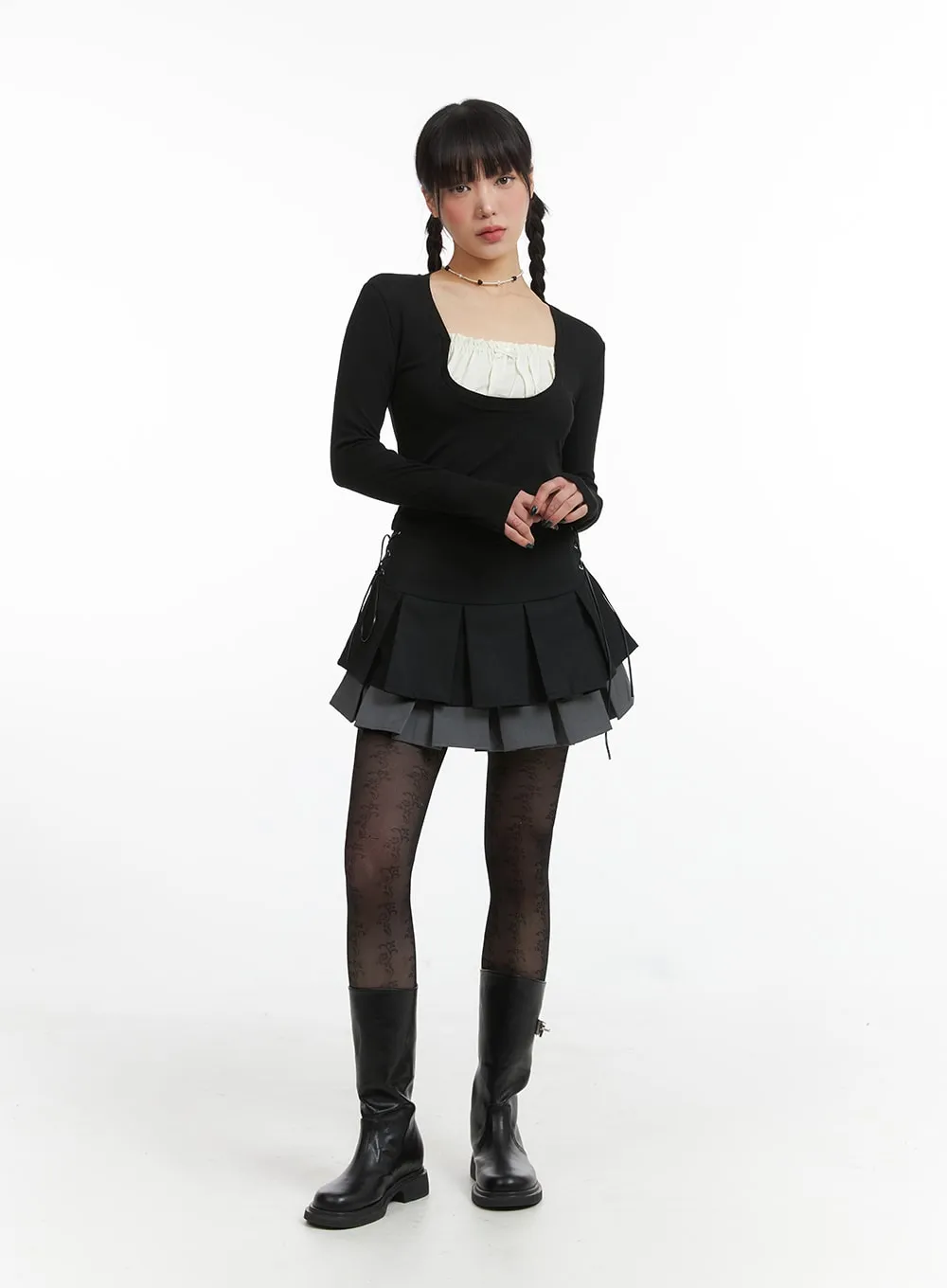 Two-Layered Pleated Mini Skirt IJ411