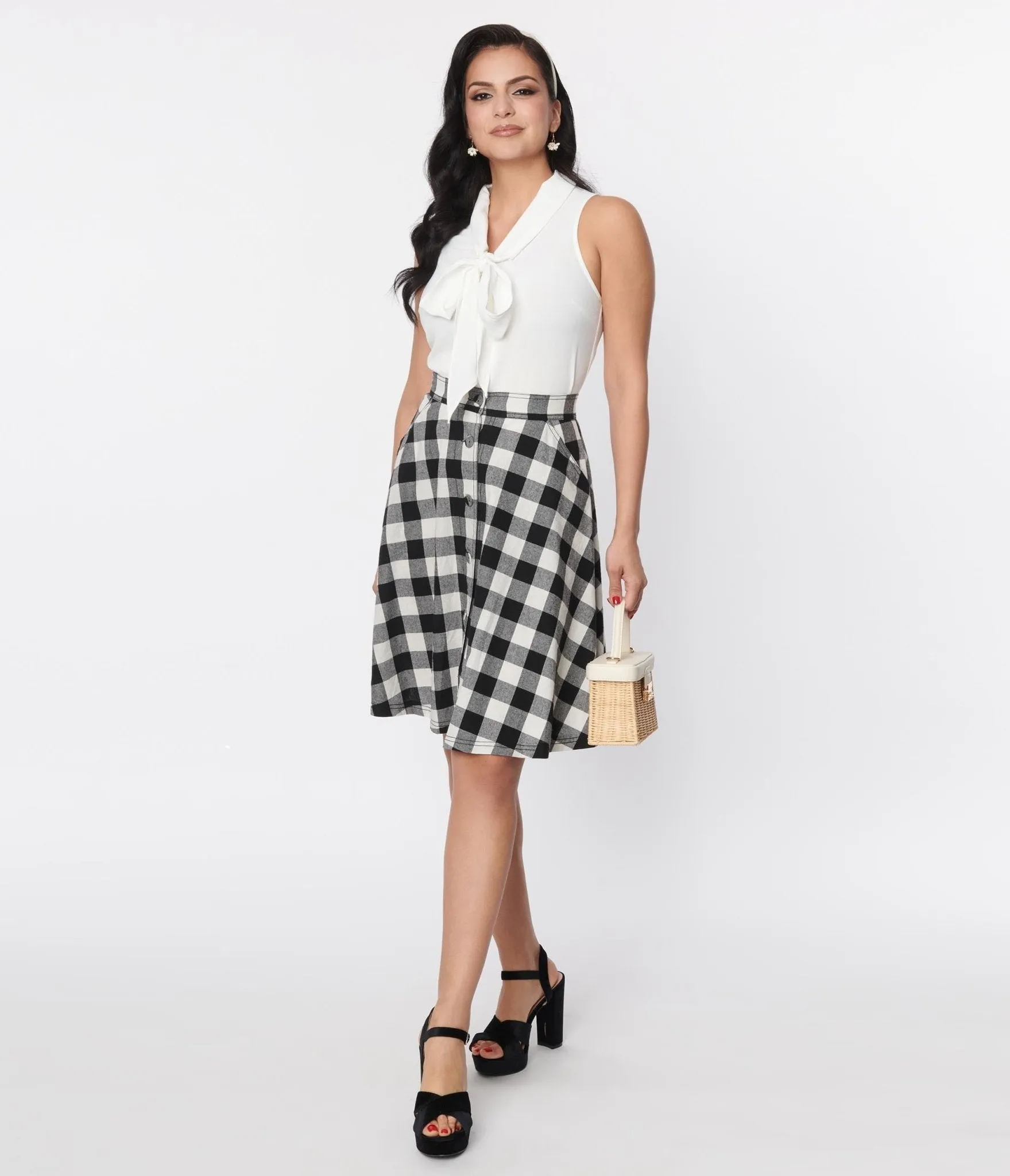 Unique Vintage Black & White Gingham Swing Skirt