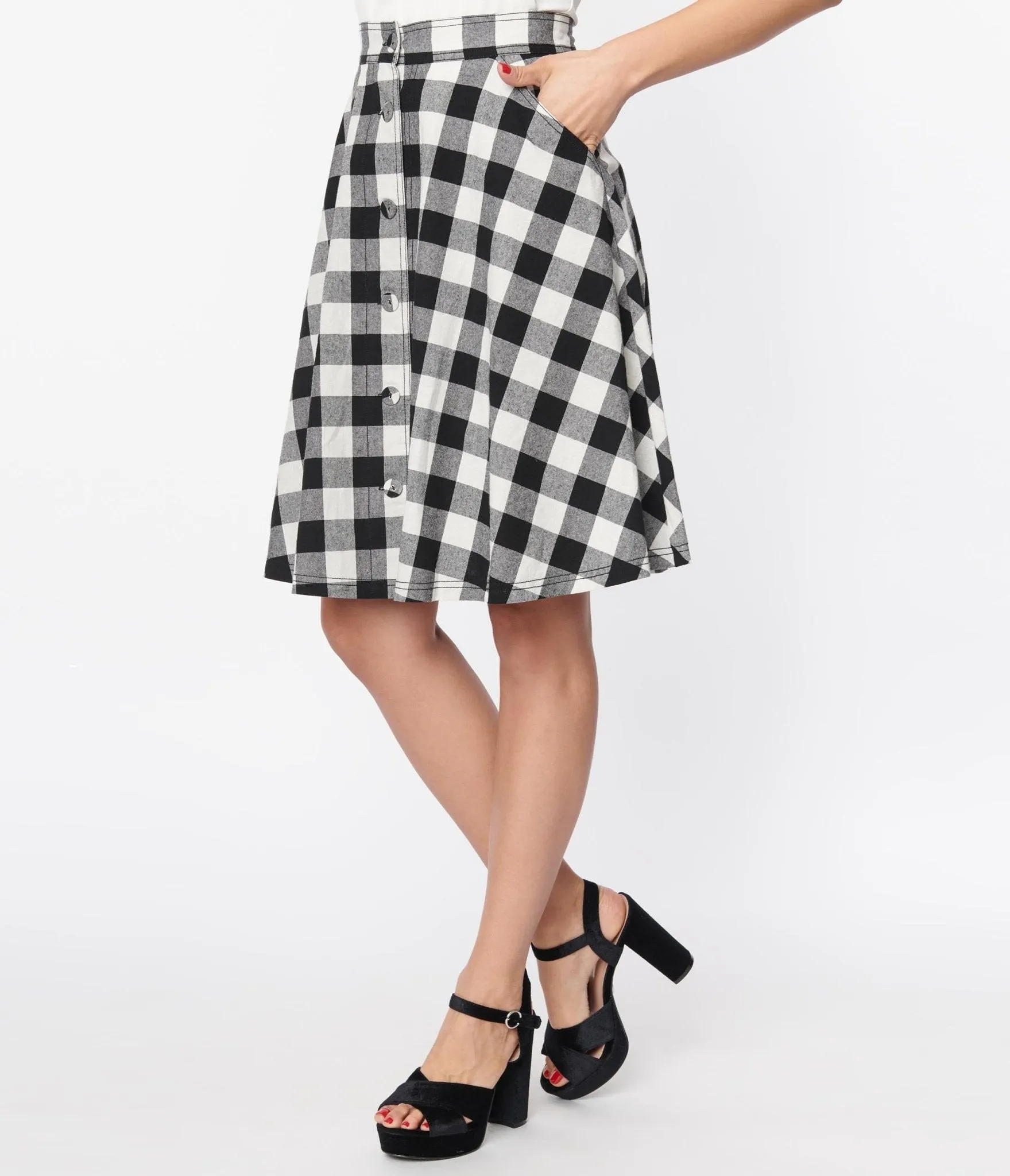 Unique Vintage Black & White Gingham Swing Skirt