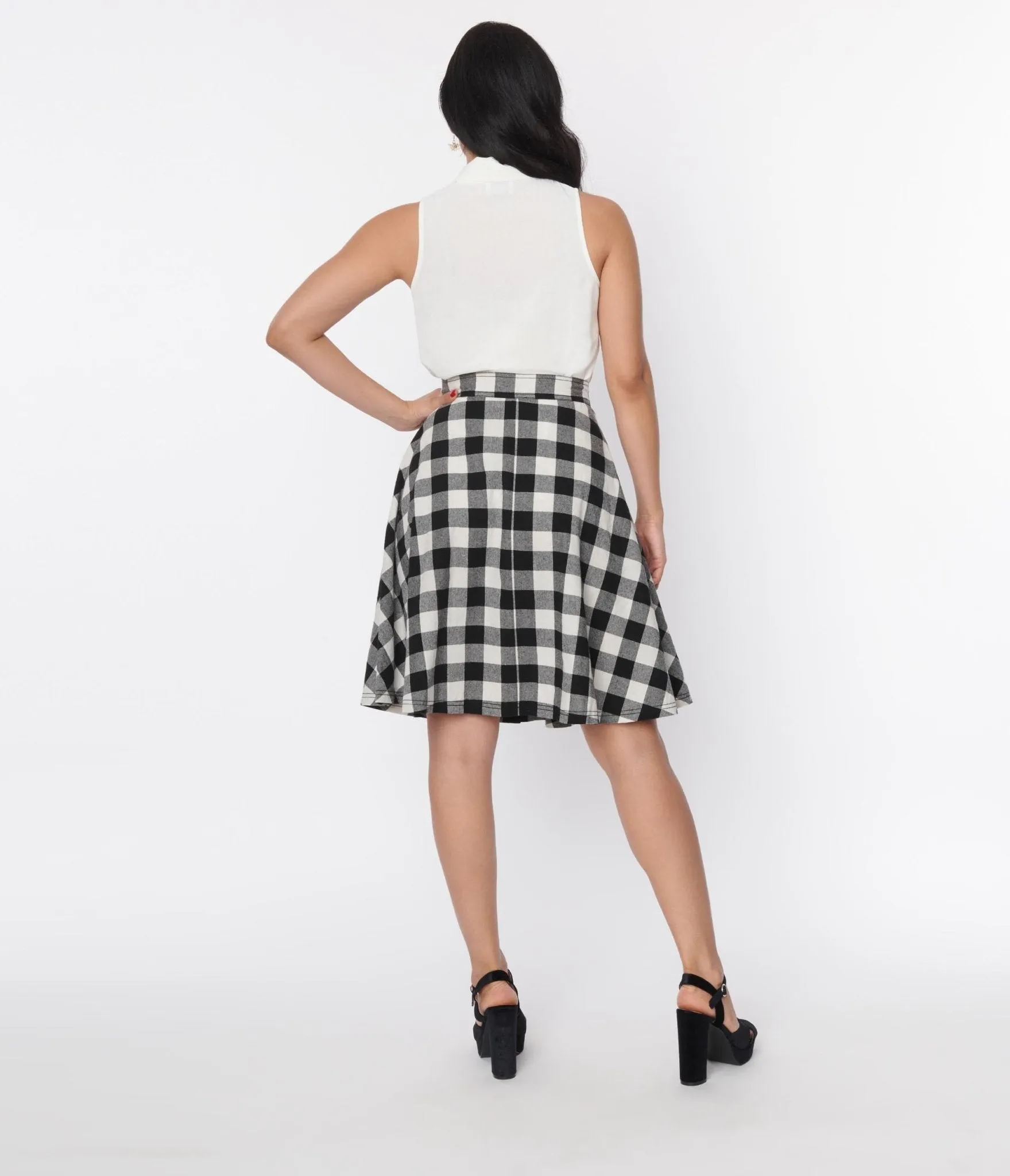 Unique Vintage Black & White Gingham Swing Skirt