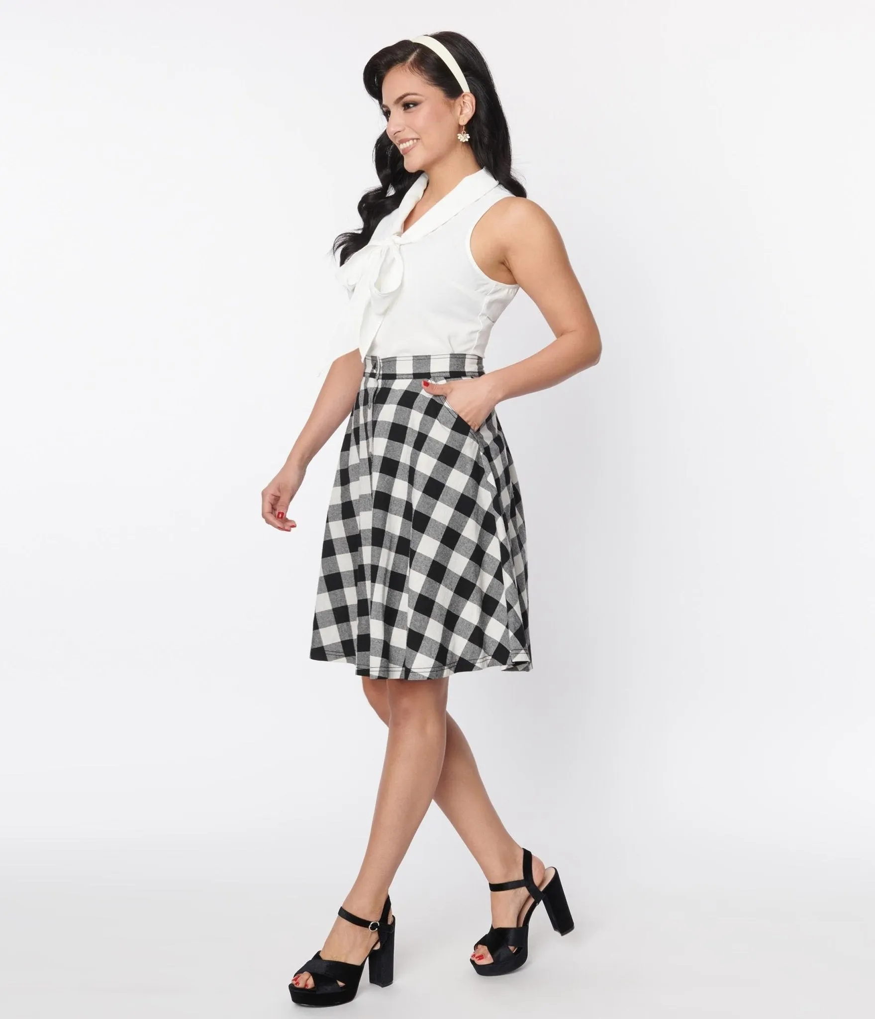 Unique Vintage Black & White Gingham Swing Skirt