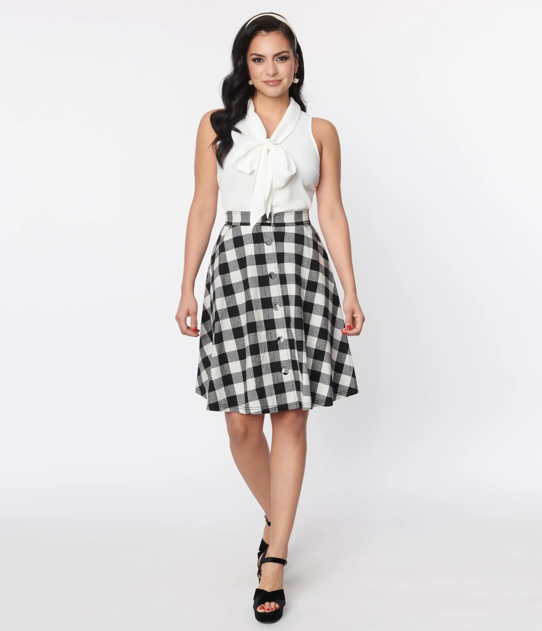 Unique Vintage Black & White Gingham Swing Skirt