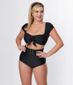 Unique Vintage Black High Waist Belted Swim Bottom