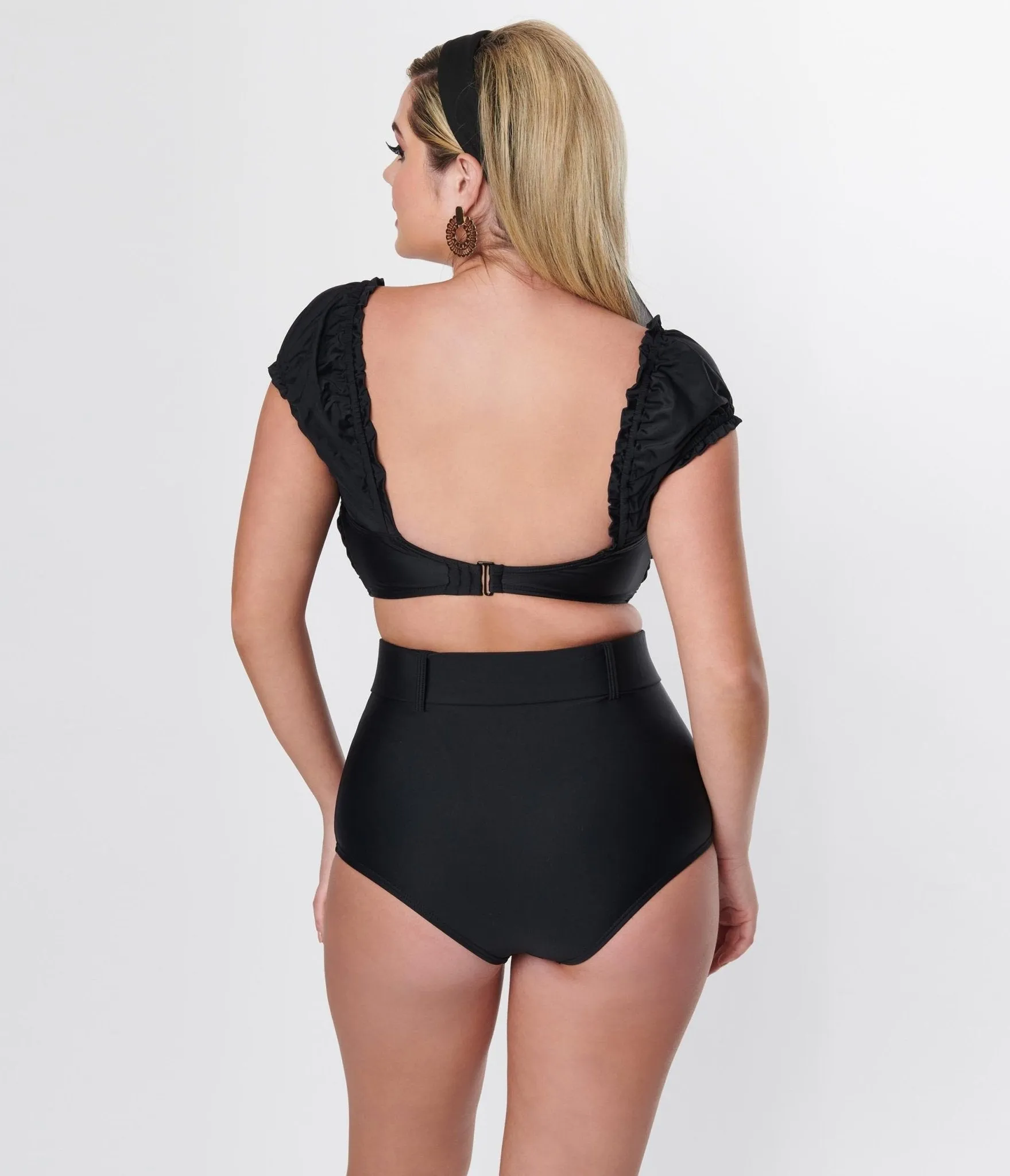 Unique Vintage Black High Waist Belted Swim Bottom