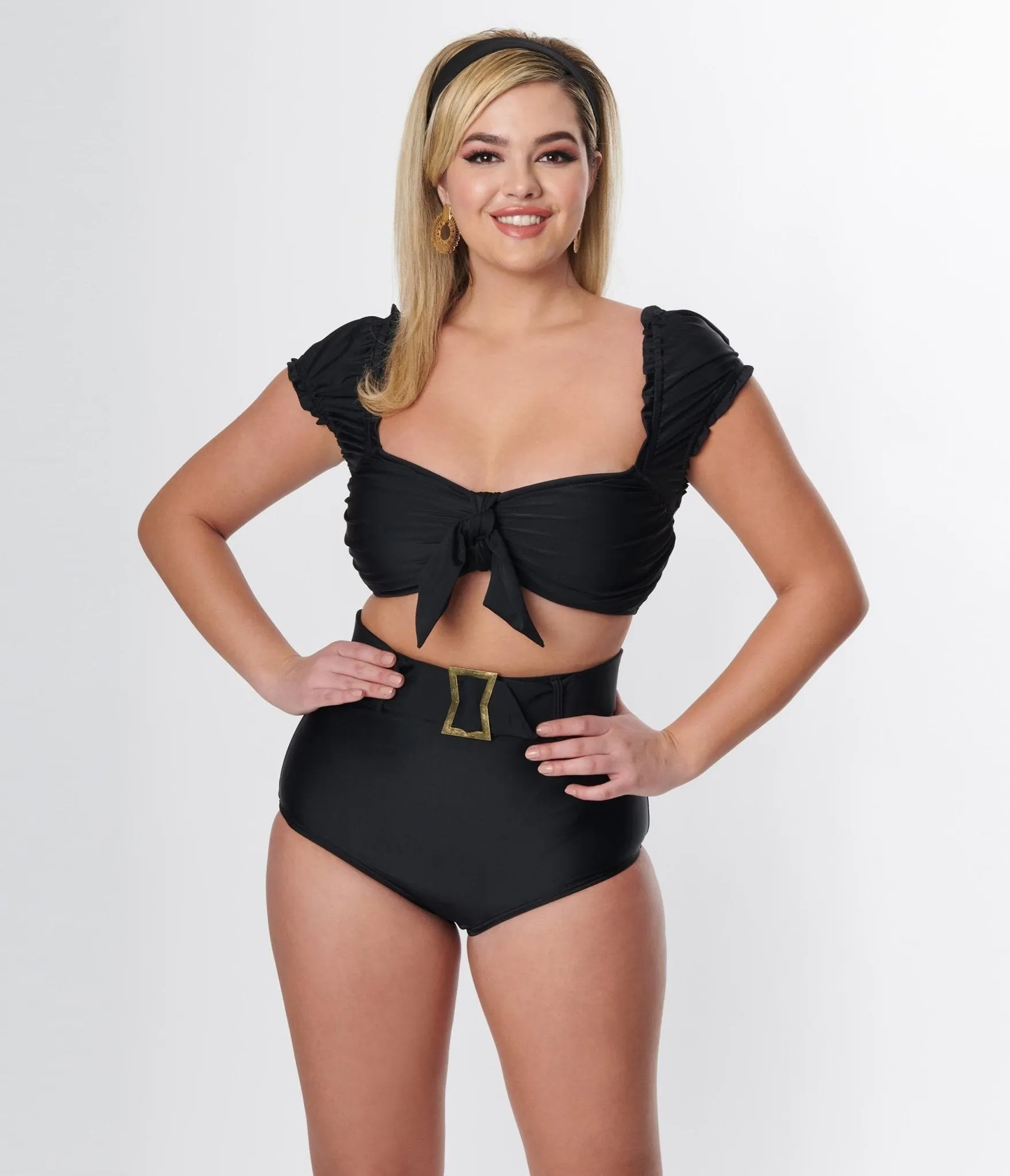 Unique Vintage Black High Waist Belted Swim Bottom