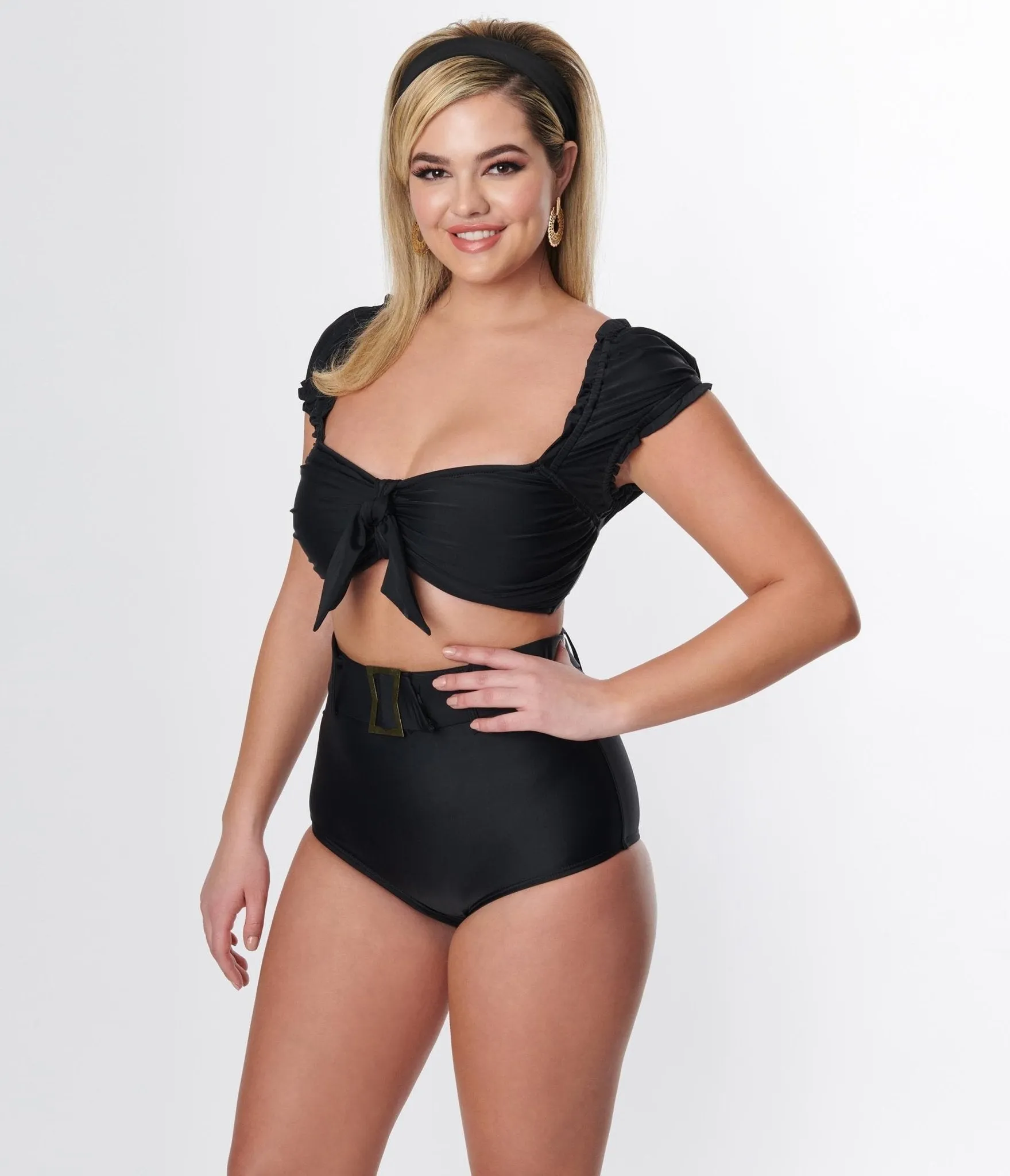 Unique Vintage Black High Waist Belted Swim Bottom