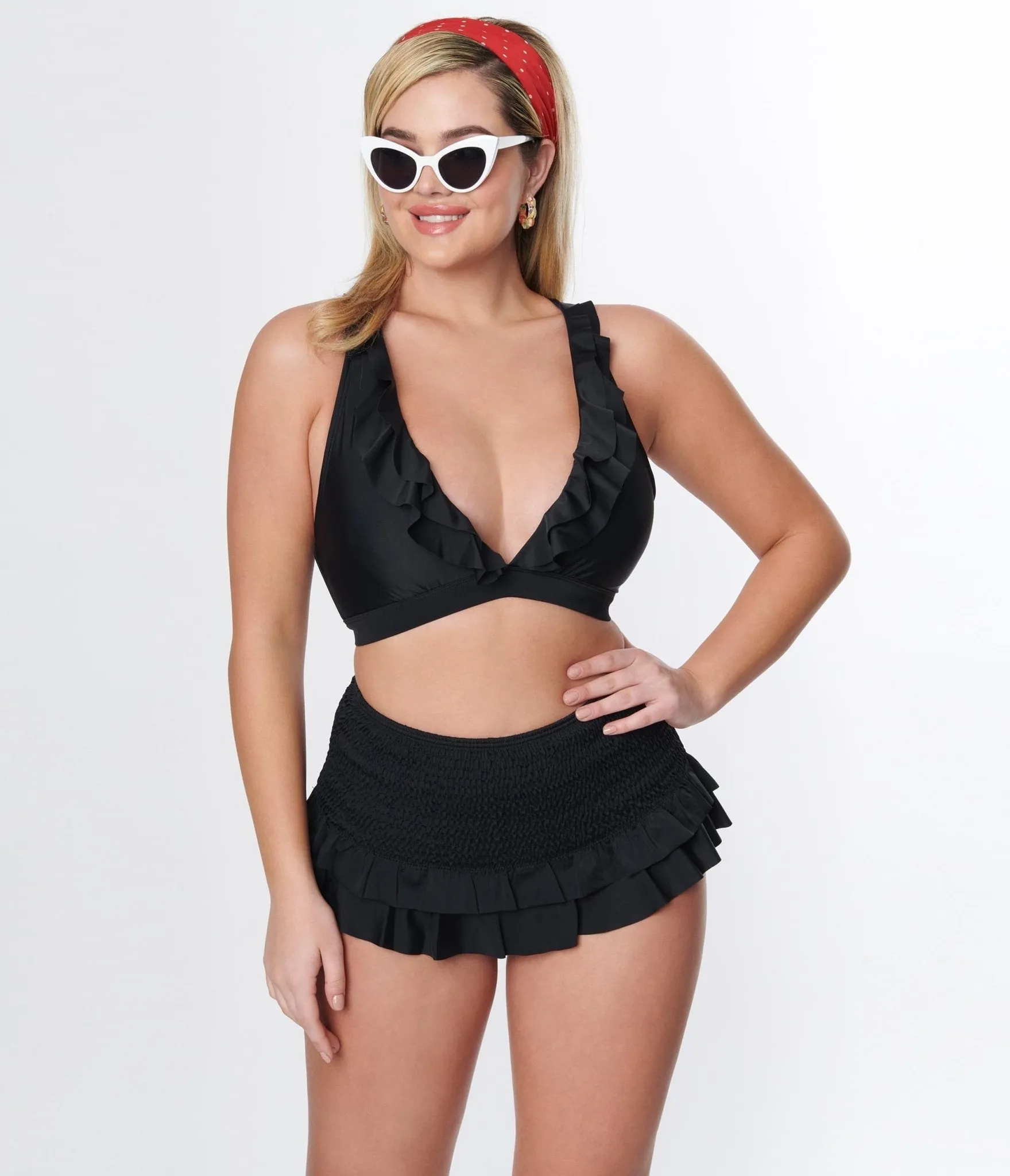 Unique Vintage Black Smocked Ruffle Swim Bottom