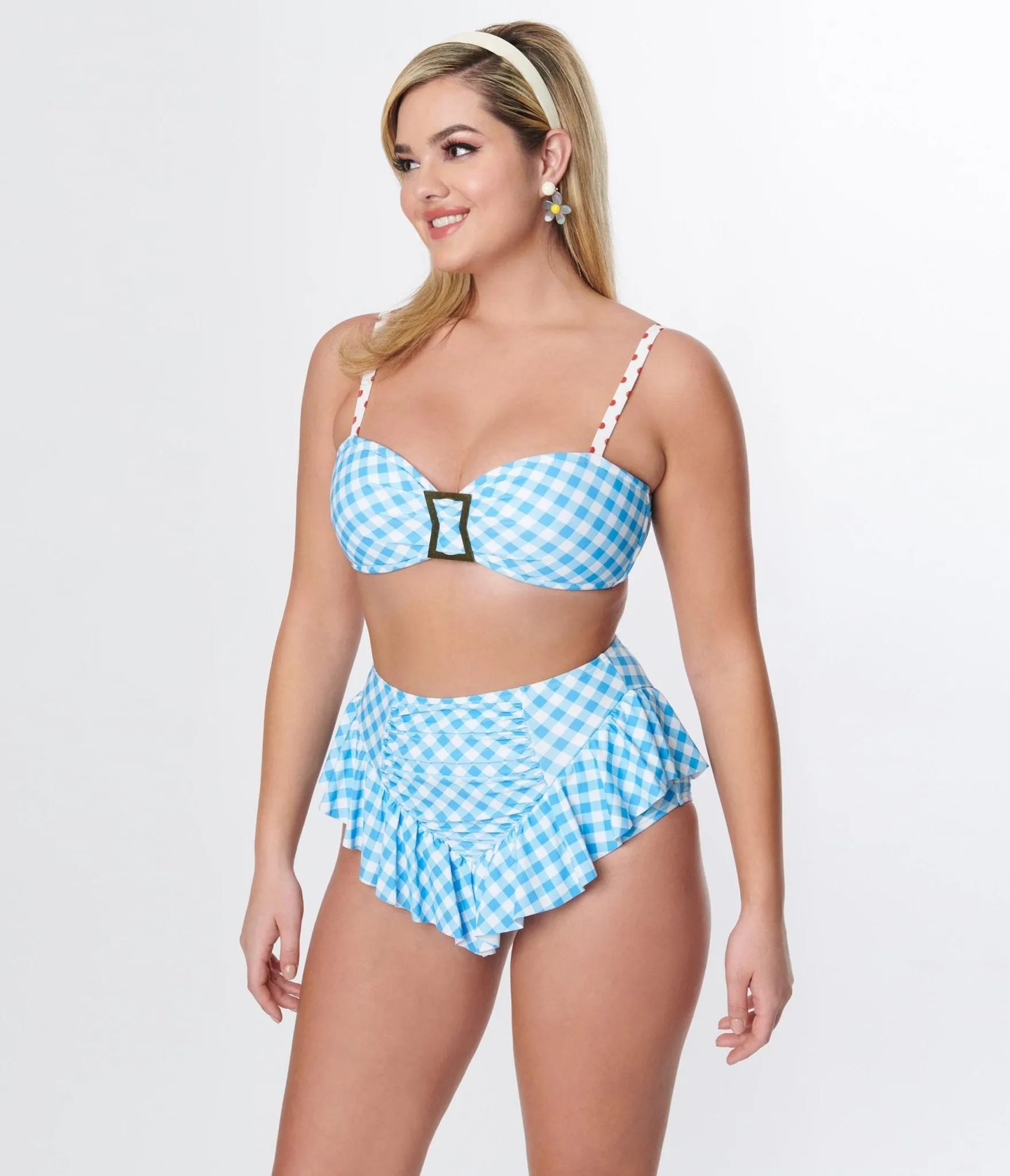 Unique Vintage Blue Gingham Ruffle High Waist Swim Bottom