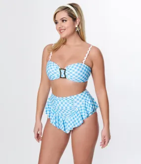 Unique Vintage Blue Gingham Ruffle High Waist Swim Bottom