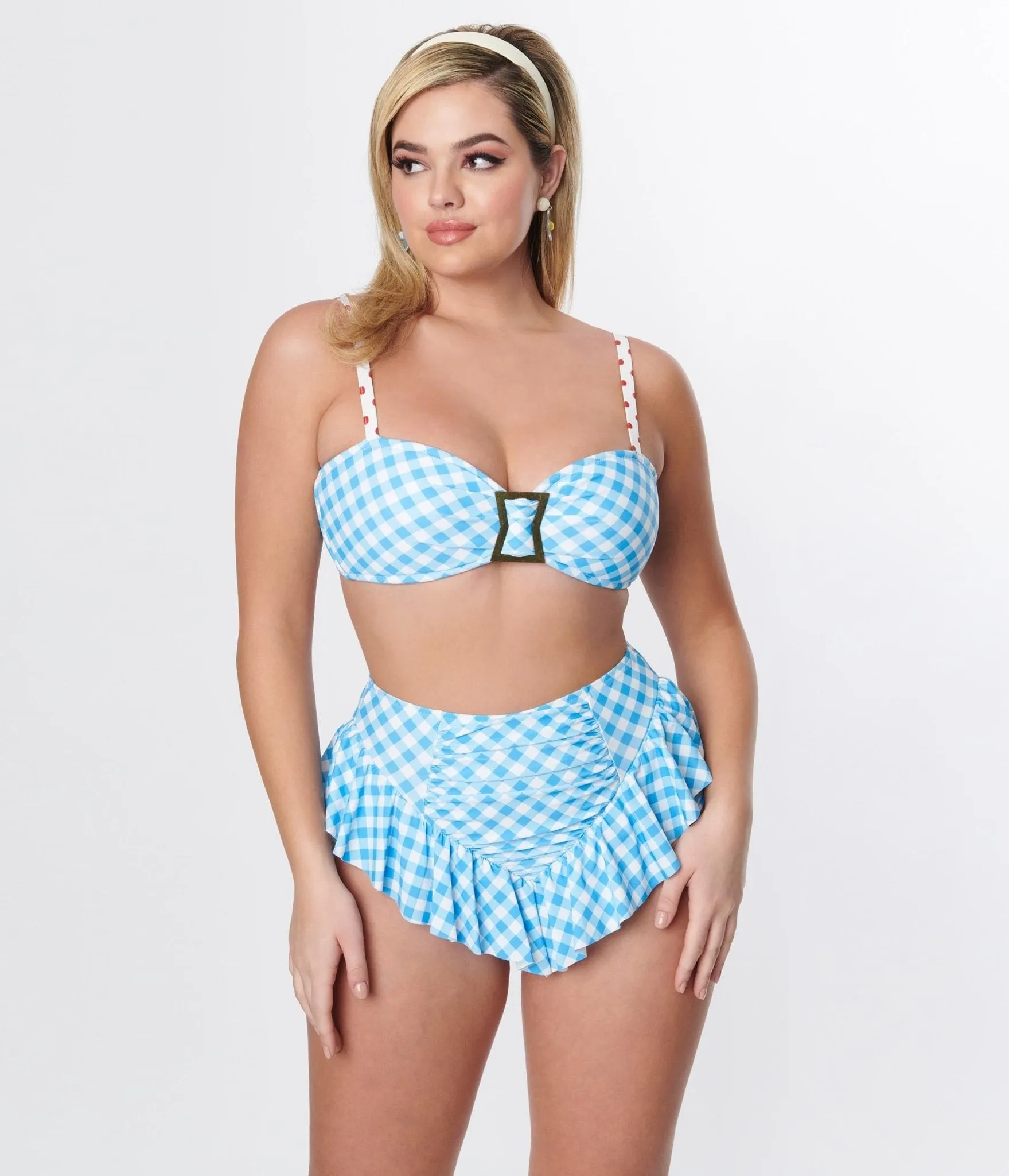 Unique Vintage Blue Gingham Ruffle High Waist Swim Bottom