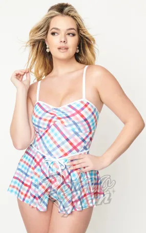 Unique Vintage Madras Plaid Skirted Swimsuit