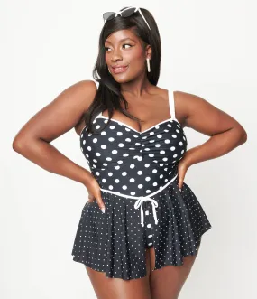 Unique Vintage Plus Size Black & White Polka Dot Skirted Swimsuit