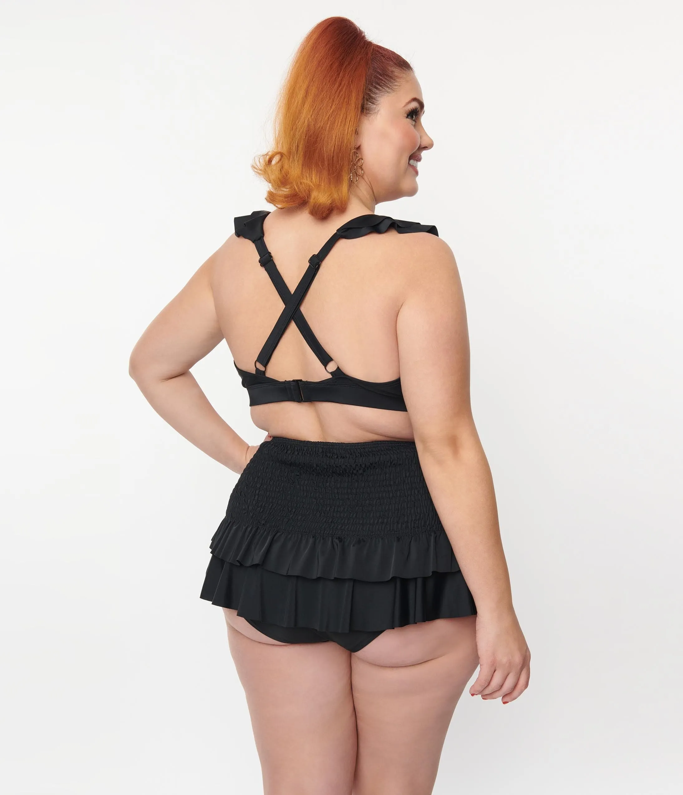 Unique Vintage Plus Size Black Smocked Ruffle Swim Bottom