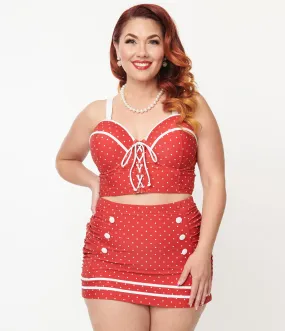 Unique Vintage Plus Size Red & White Pin Dot Sailor Swim Bottom