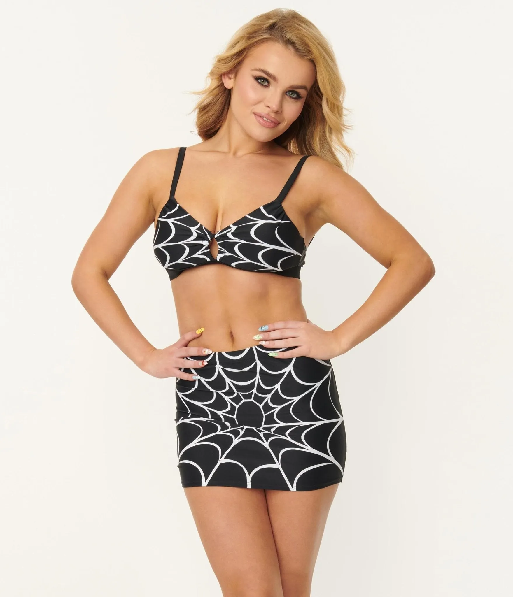 Unique Vintage Spiderweb Print Midnight Swim Skirt