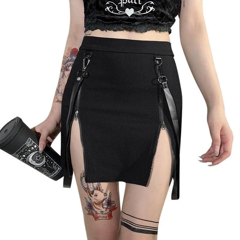 Unleash Your Dark Side with Gothic Grunge Strap Black High Waist A-Line Skirt