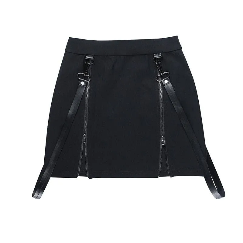 Unleash Your Dark Side with Gothic Grunge Strap Black High Waist A-Line Skirt