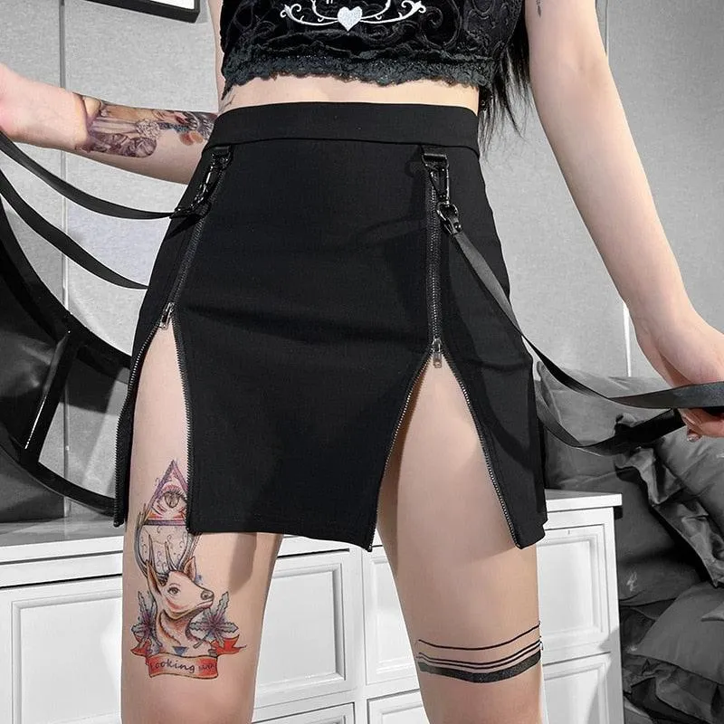 Unleash Your Dark Side with Gothic Grunge Strap Black High Waist A-Line Skirt