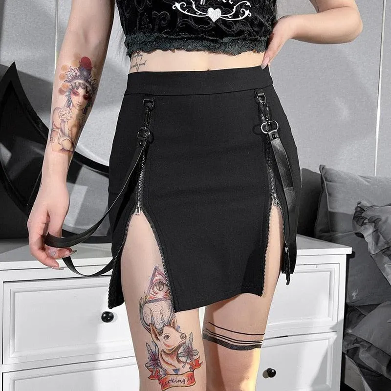 Unleash Your Dark Side with Gothic Grunge Strap Black High Waist A-Line Skirt