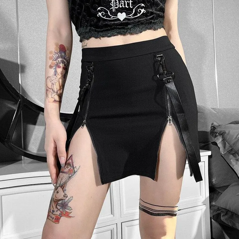 Unleash Your Dark Side with Gothic Grunge Strap Black High Waist A-Line Skirt