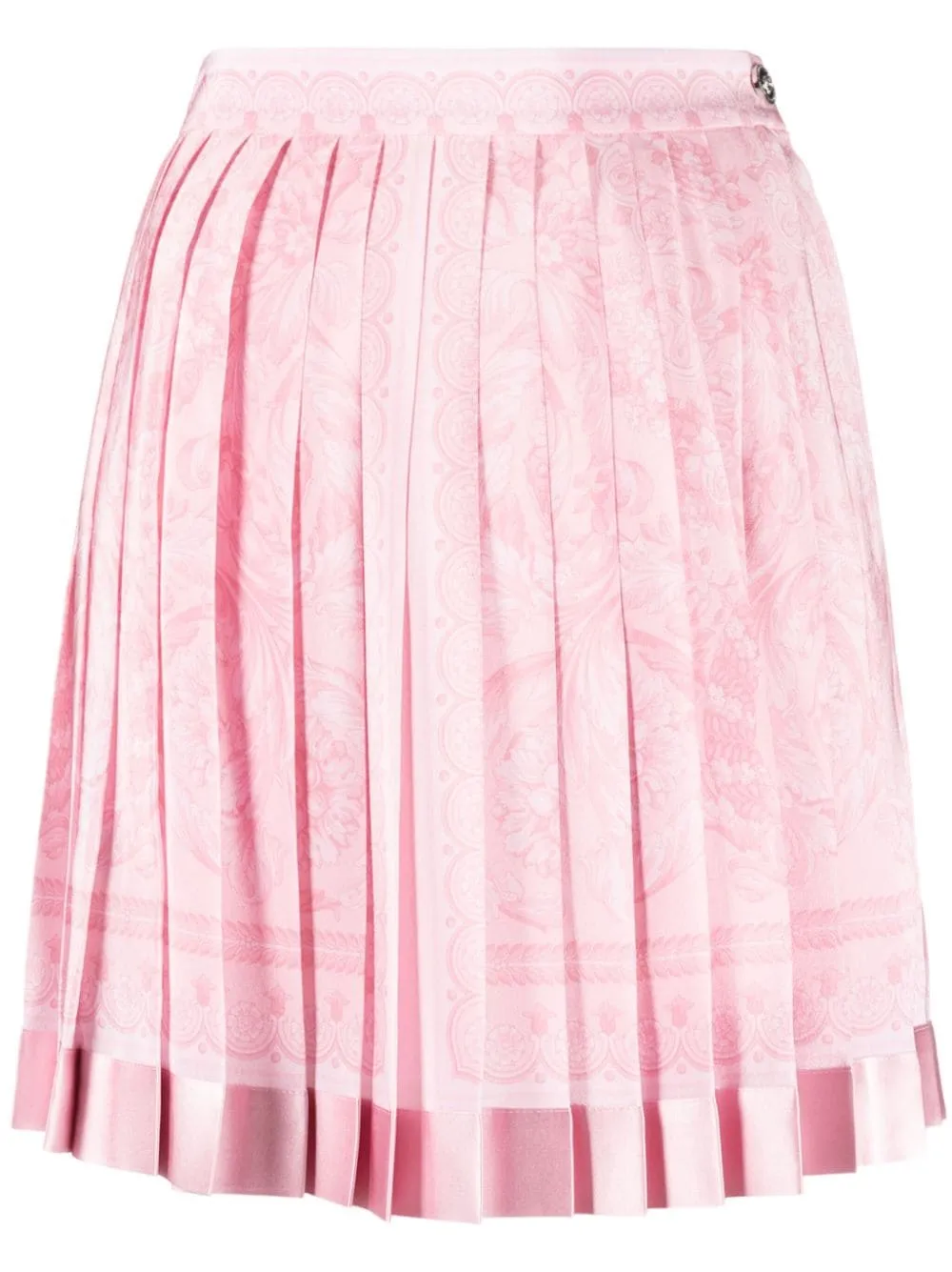 VERSACE Flared Pink Pleated Mini Skirt with Baroque Print for Women – Fluid and Elegant