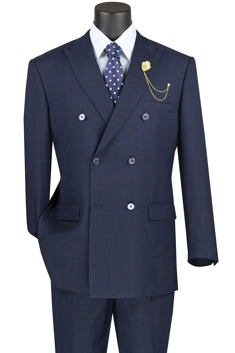 Vinci Executive 2 Piece Double Breasted Windowpane Suit (Navy) DRW-2