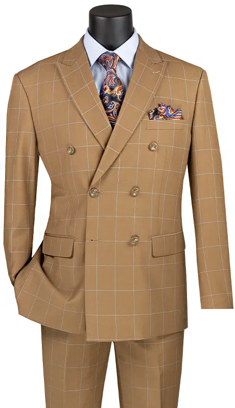 Vinci Modern Fit Double Breasted Windowpane Peak Lapel 2 Piece Suit (Camel) MDW-1