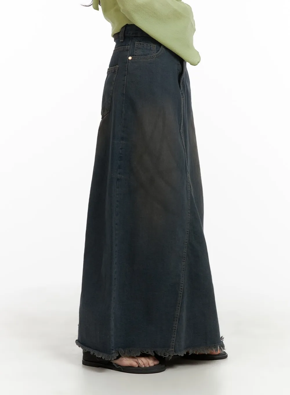 Vintage Rough Hem Denim Maxi Skirt CA403