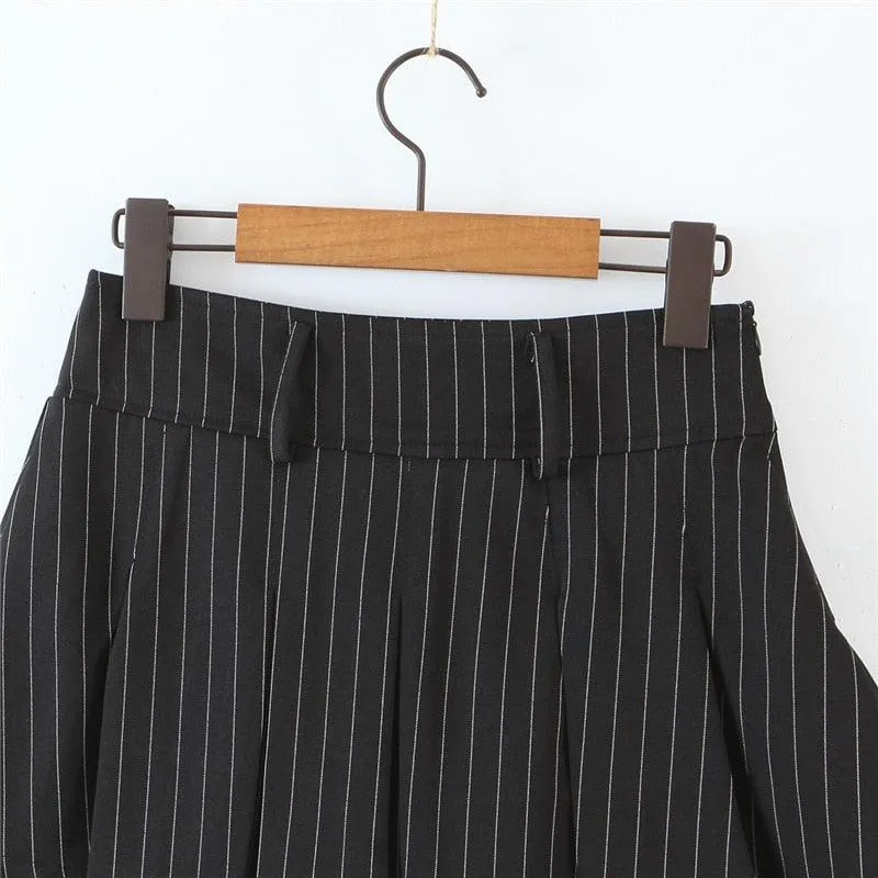 Vintage style sexy high waist striped pleated mini skirt