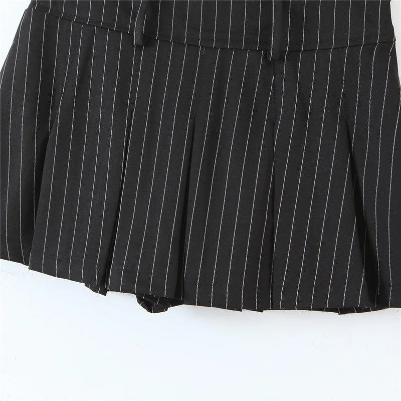 Vintage style sexy high waist striped pleated mini skirt