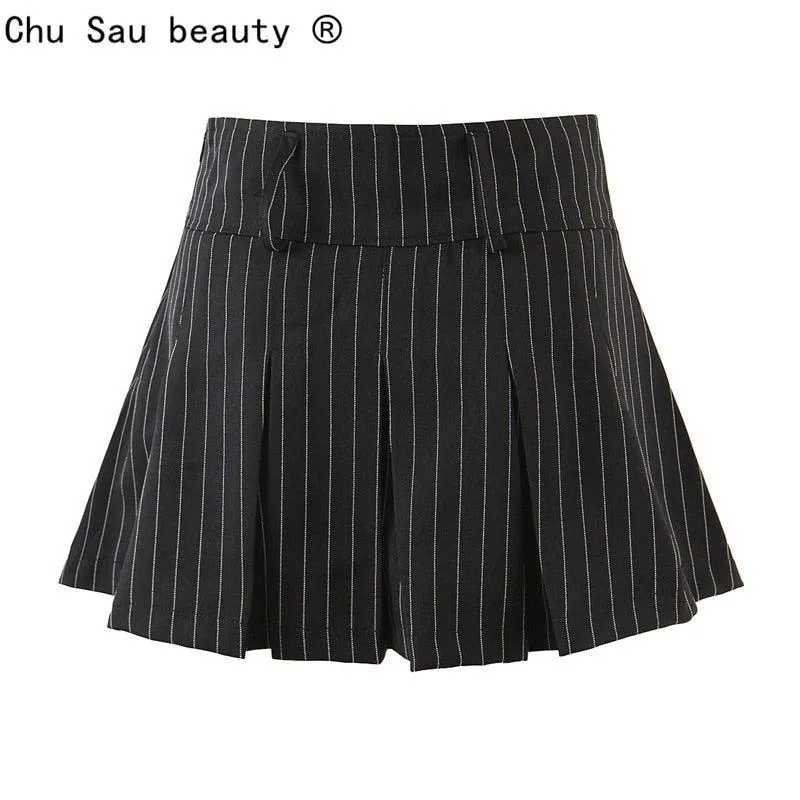 Vintage style sexy high waist striped pleated mini skirt