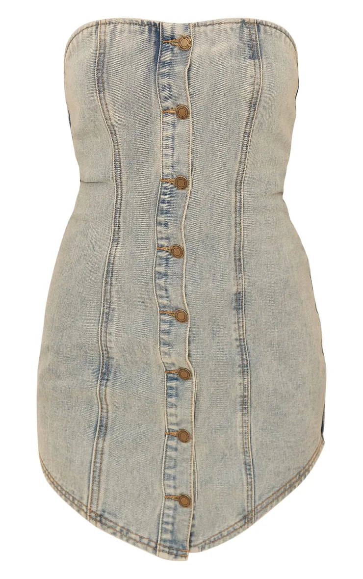 Vintage Wash Curved Hem Button Denim Mini Dress