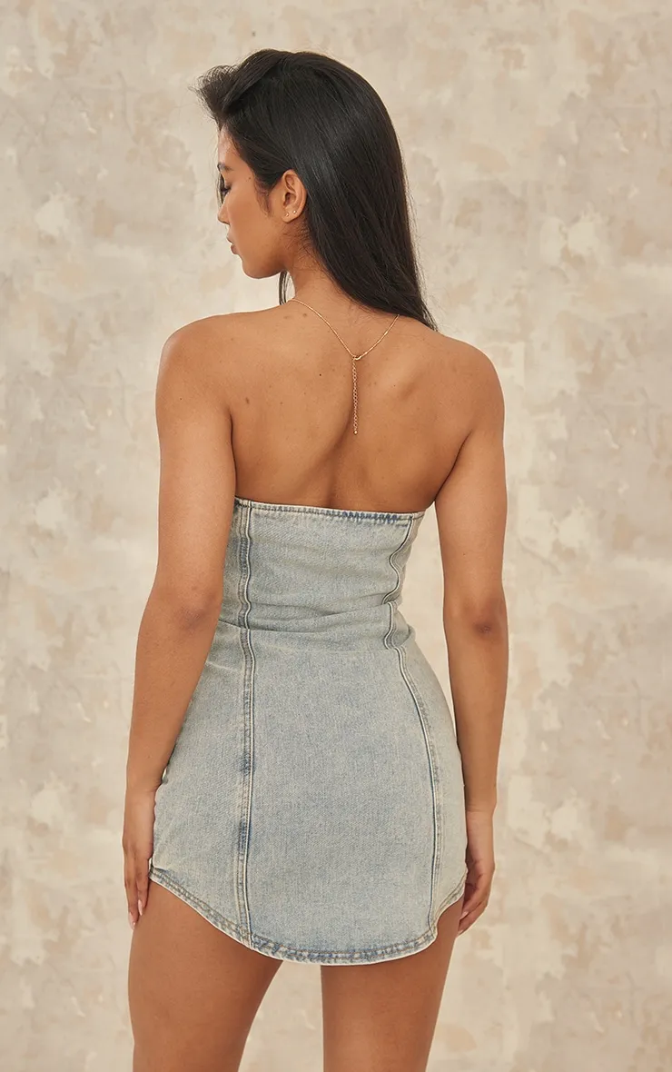 Vintage Wash Curved Hem Button Denim Mini Dress