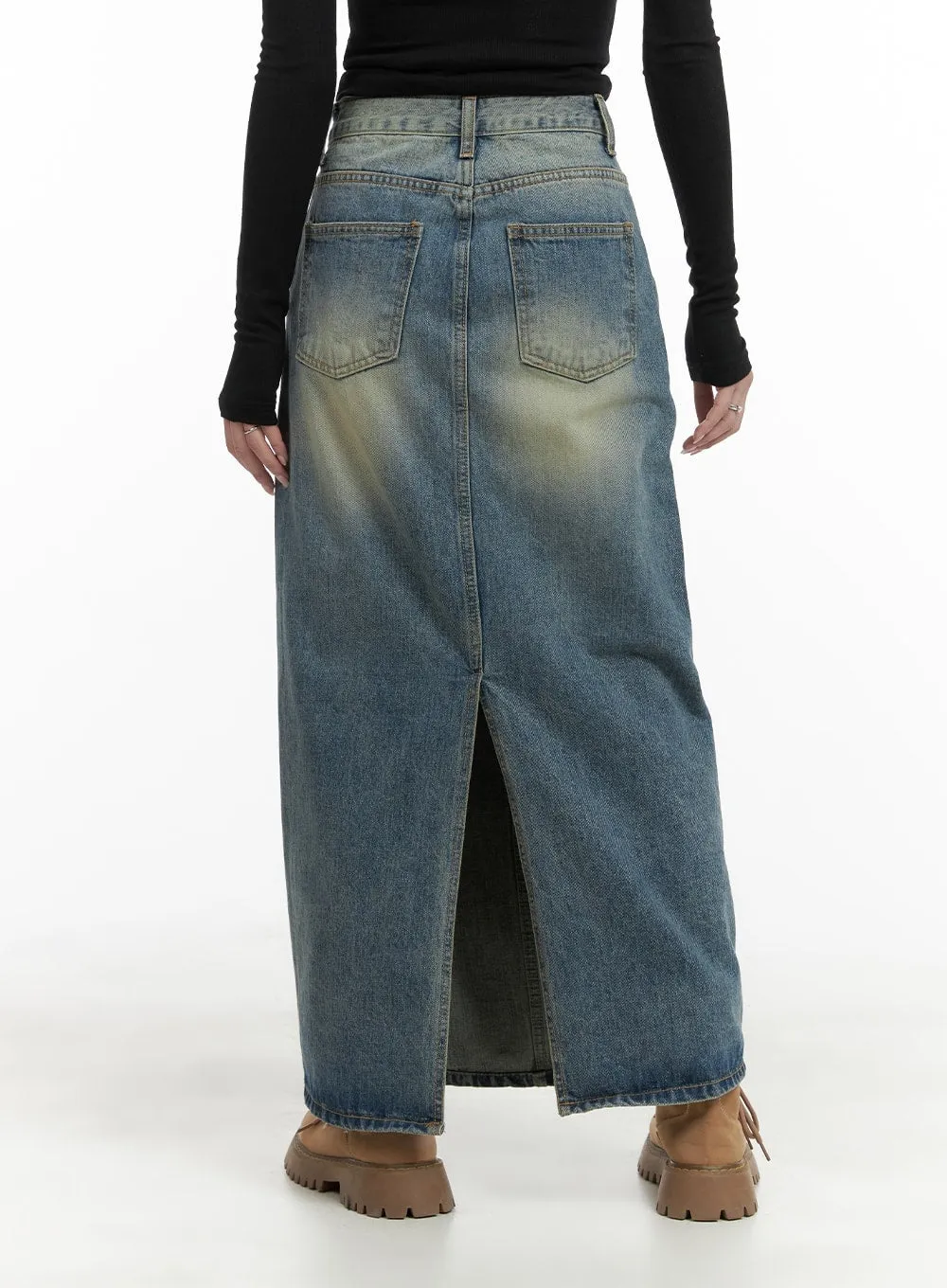 Vintage Washed Denim Maxi Skirt CA403