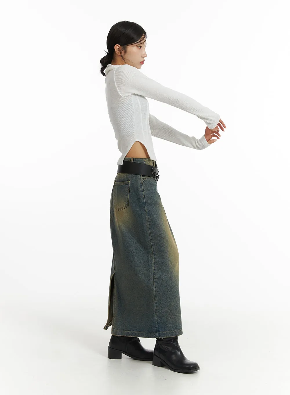 Vintage Washed Denim Maxi Skirt CJ431