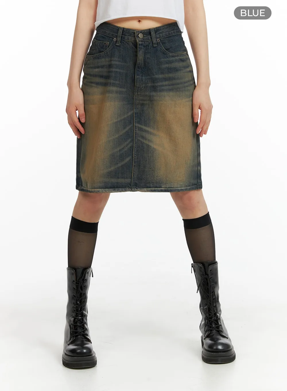 Vintage Washed Midi Denim Skirt CM413