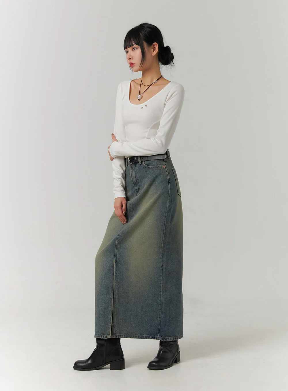 Washed Denim Maxi Skirt CJ422