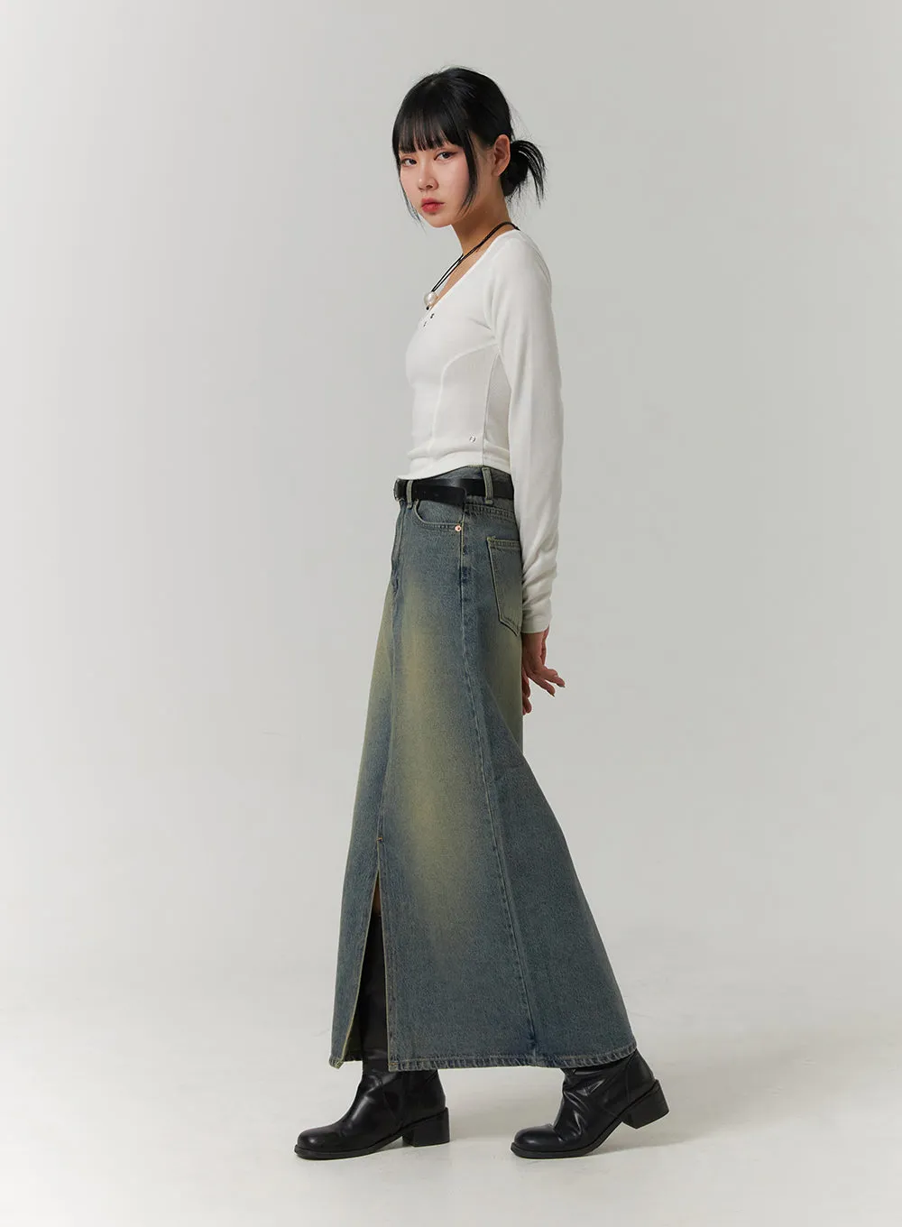 Washed Denim Maxi Skirt CJ422