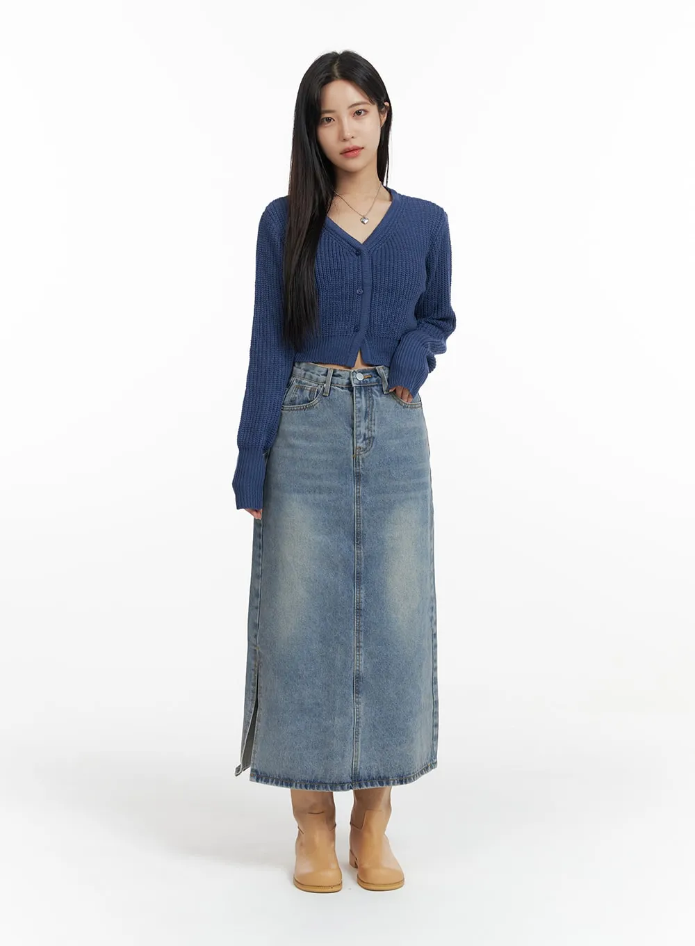 Washed Denim Maxi Skirt OF416