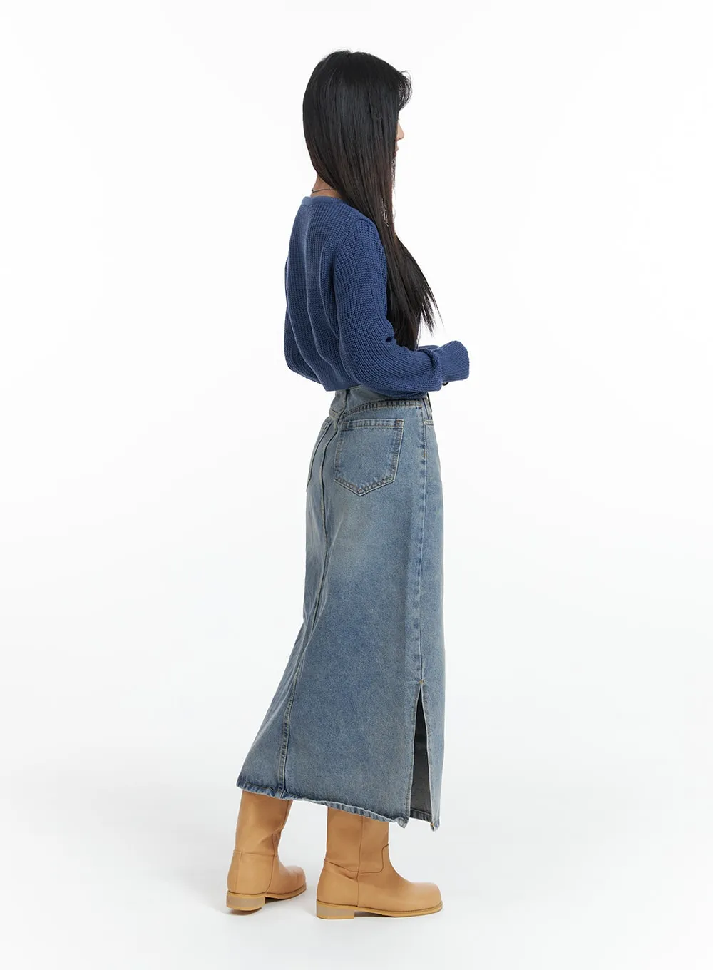 Washed Denim Maxi Skirt OF416