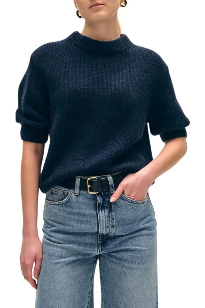 White & Warren Cashmere Puff Sleeve Crewneck
 in Deep Navy