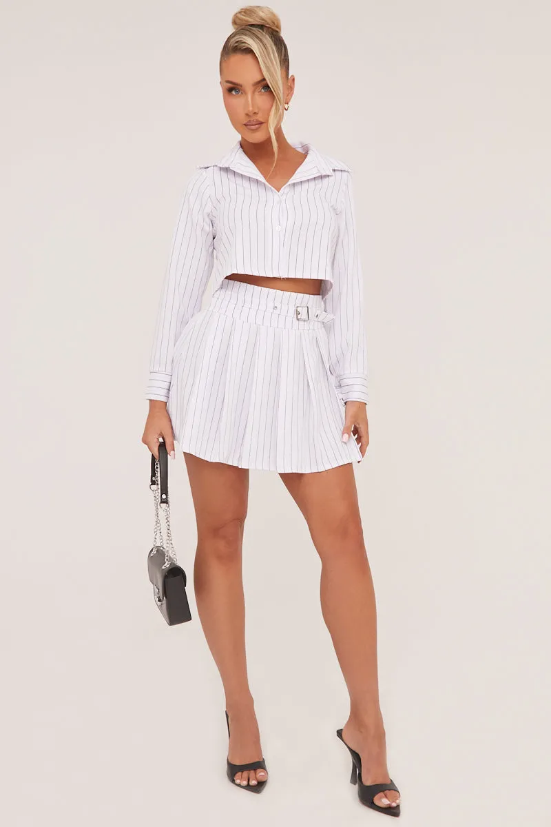 White Striped Button Up Shirt & Pleated Mini Skirt Co-ord Set - Nancy