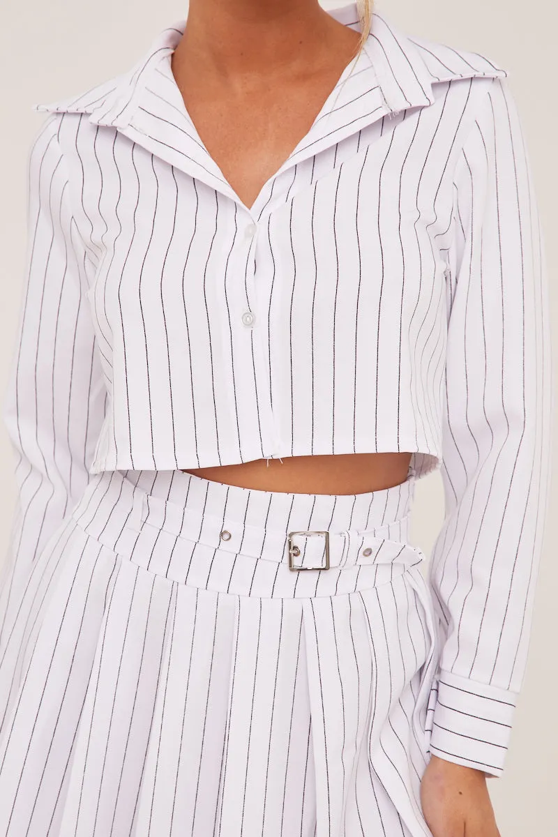 White Striped Button Up Shirt & Pleated Mini Skirt Co-ord Set - Nancy